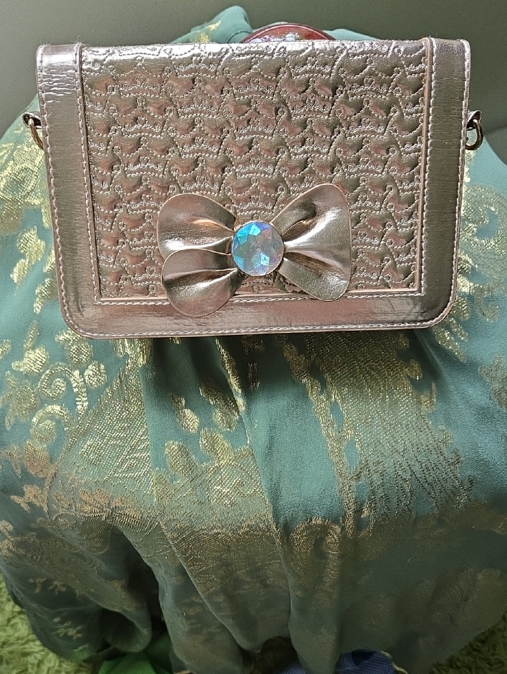 Metallic Rose Gold Bow-Accent Crossbody Bag